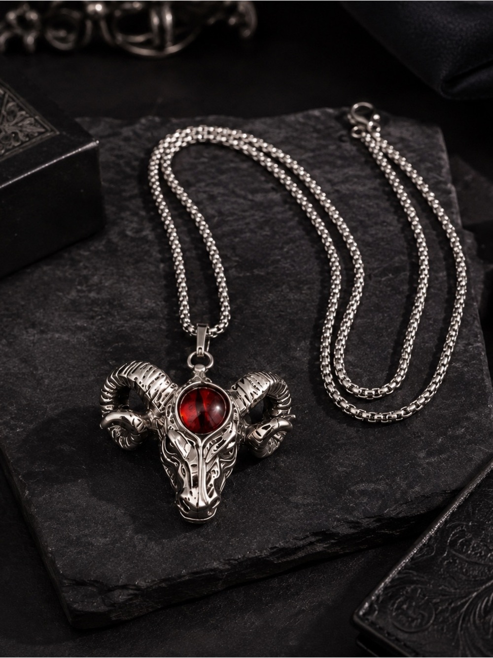 Men's Silver Ram Head Pendant Necklace with Red Stone